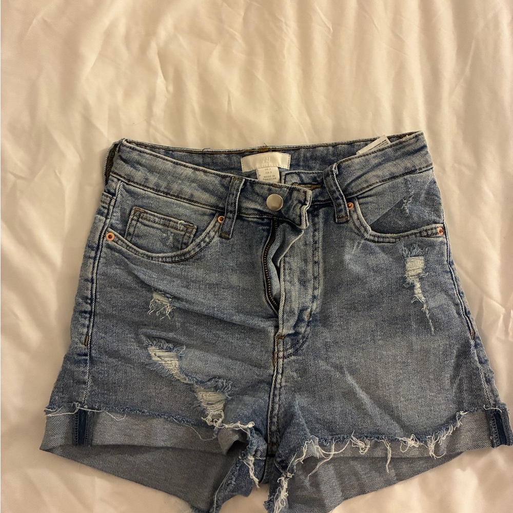 H&M Light Blue Distressed Denim High-Rise Shorts